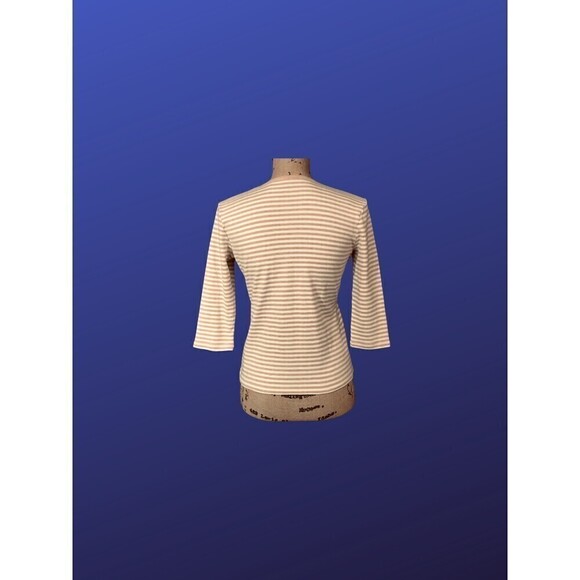 LIZ CLAIBORNE 100% Cotton Top, 3/4 Sleeve, TAN/CREAM STRIPE, Size PS, NWOT - Picture 2 of 8